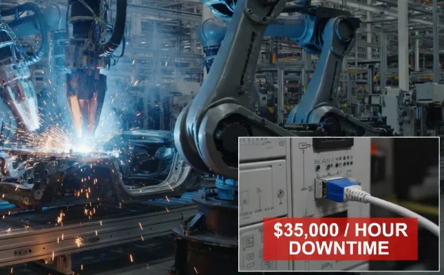 Industrial robotic welding cell in an automotive manufacturing plant, illustrating the high-cost environment where specifying the correct crossover LAN cable prevents $35,000 per hour downtime. Industrial robotic welding cell in an automotive manufacturing plant, illustrating the high-cost environment where specifying the correct crossover LAN cable prevents $35,000 per hour downtime.